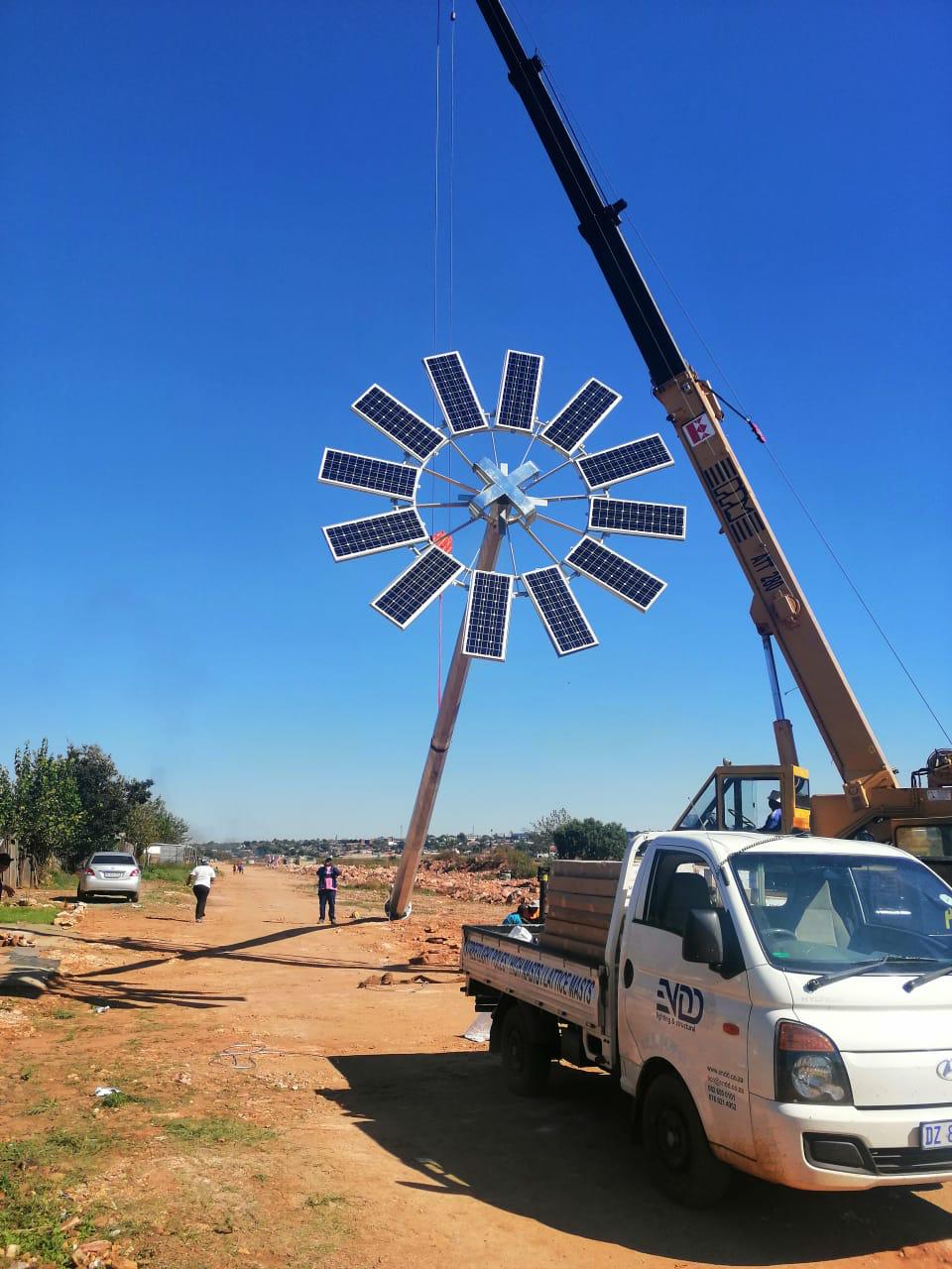 Circuitry and LED lights integrated into an advanced solar mast, demonstrating technological features.