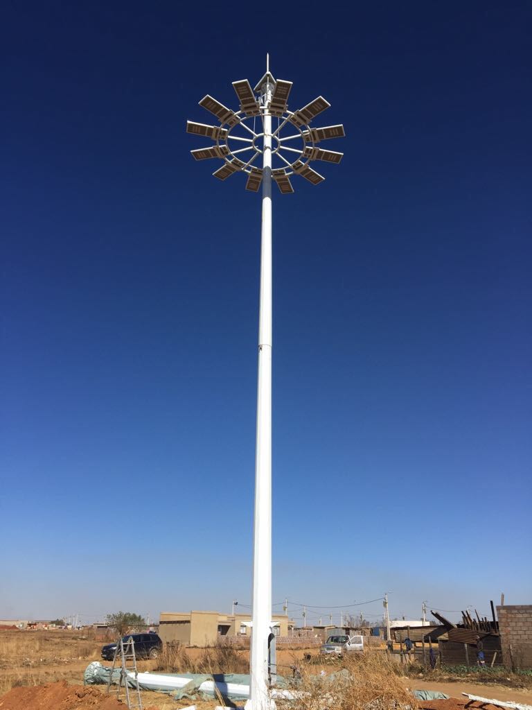 Close-up of a solar panel on a mast, emphasizing sustainable and environmentally friendly lighting.